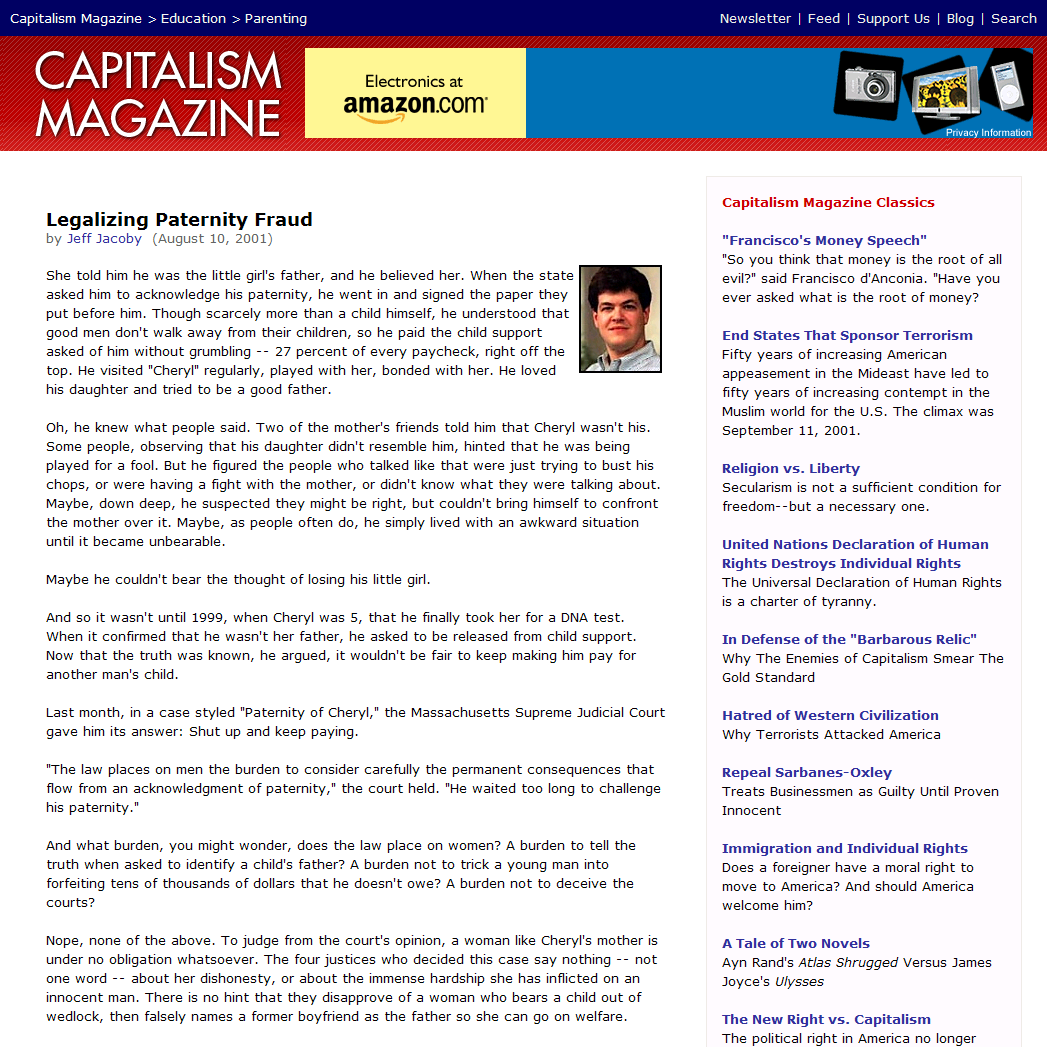 Legalizing Paternity Fraud by Jeff Jacoby -- Capitalism Magazine